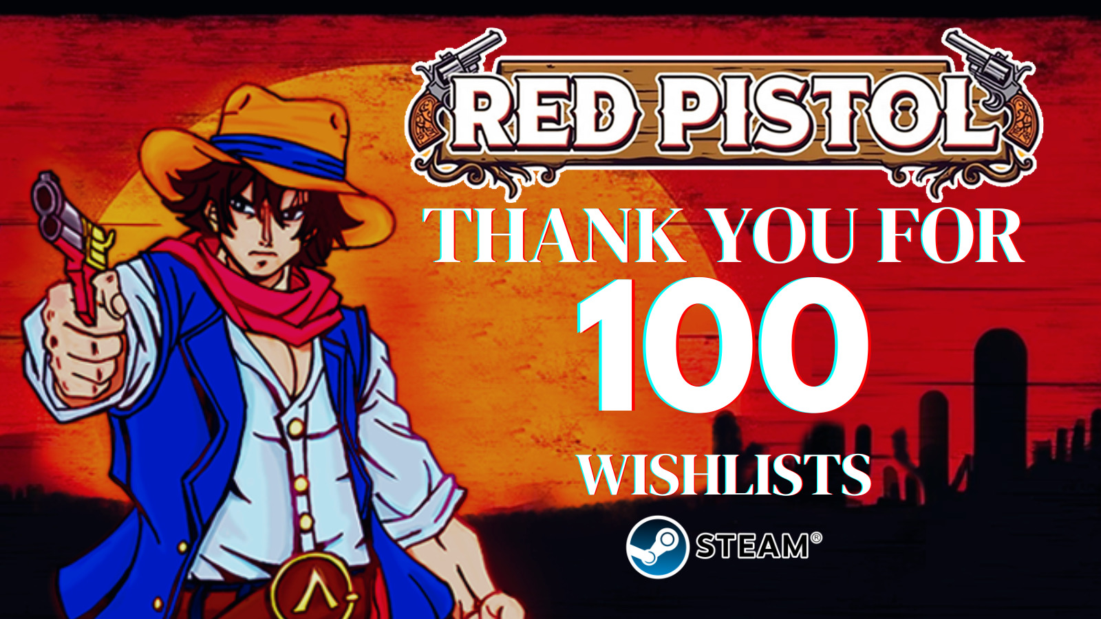 Image celebrating 100 Red Pistol wishlists on Steam